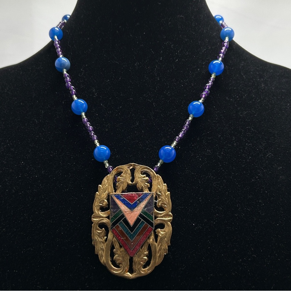 Vintage Czechoslovakia Art Deco Cloisonne Pendant Glass Blue Beads Short 1950’s